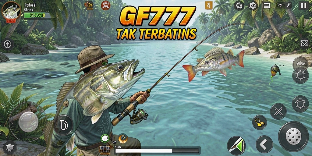Tampilan gameplay GF777 dengan berbagai lokasi memancing.