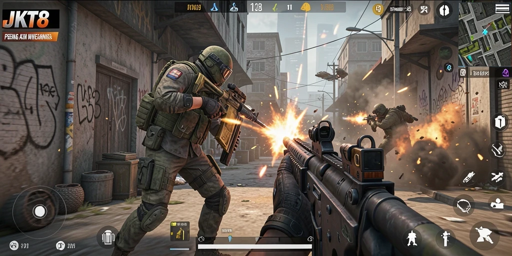 Screenshot gameplay JKT8 menampilkan aksi FPS yang mendebarkan.