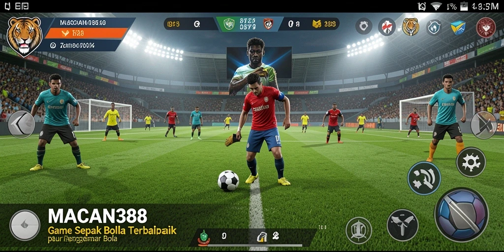 Tampilan aksi gameplay seru di lapangan sepak bola MACAN388.