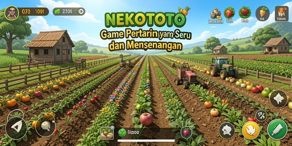 Screenshot gameplay NEKOTOTO menunjukkan ladang hijau yang asri dan hewan ternak.