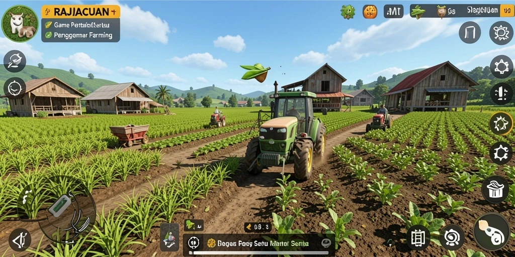 Tampilan gameplay <strong>RAJACUAN</strong> yang menampilkan kegiatan bertani dan pengelolaan ladang.