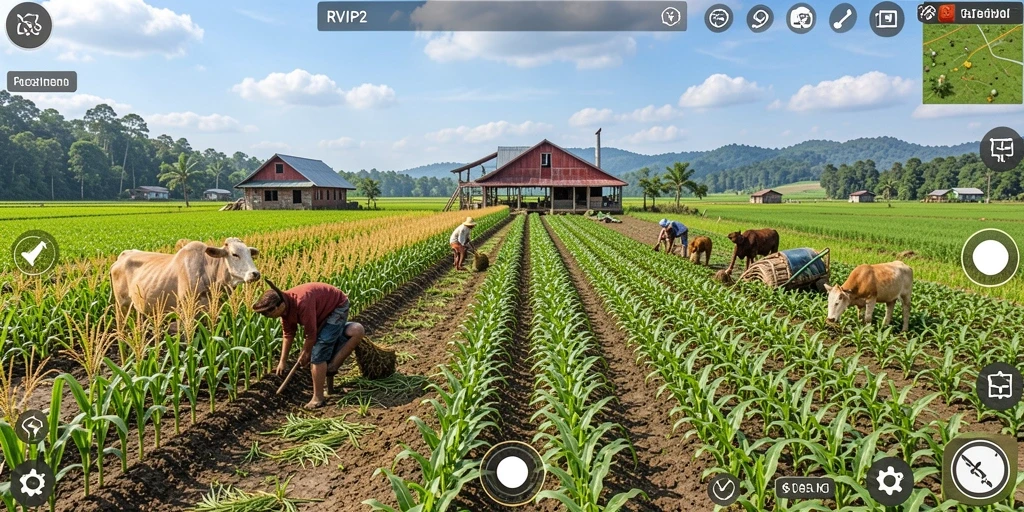 Tampilan gameplay RVIP2 yang menakjubkan dengan ladang hijau dan hewan ternak.