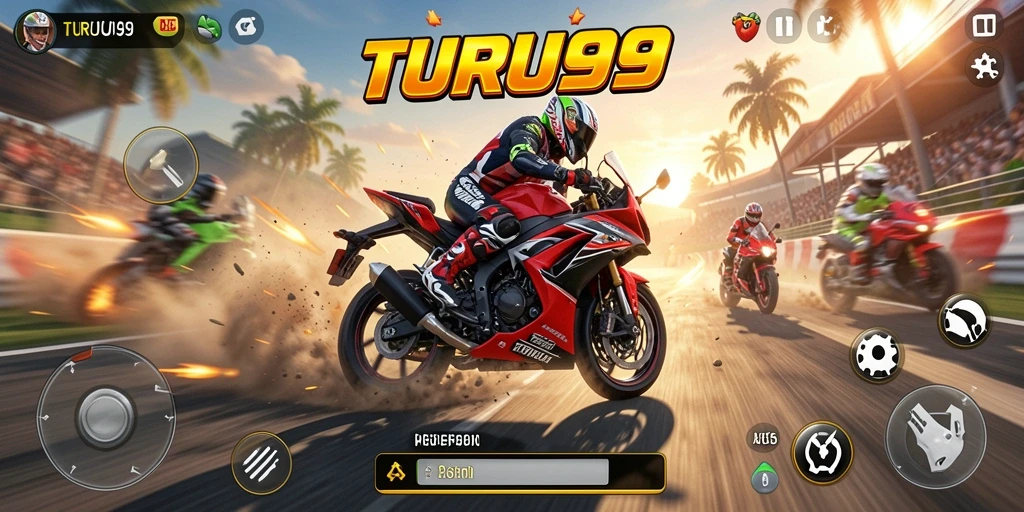 Gambaran aksi balapan motor yang mendebarkan di TURU99.
